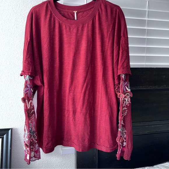 Free People Red Embroidered Long Sleeve Tee (Gardener Tee) - Picture 4 of 7